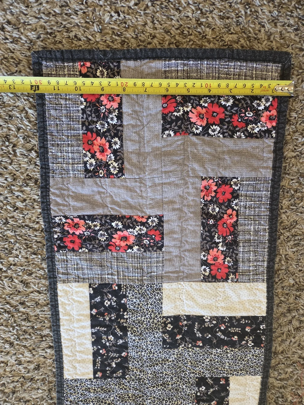 Handmade Floral Patchwork Quilt Runner - Gray with Red Flowers